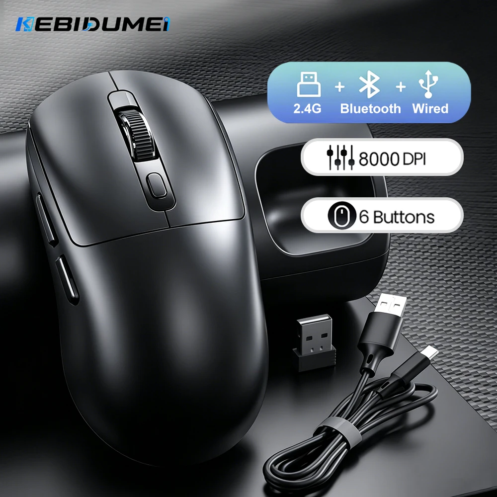 Mouse Gamer Tri-Mode KEBIDUMEI com 8000 DPI Ajustáveis, Ergonômico, 6 Botões, Conexão com Fio/2.4GHz/Bluetooth para Laptop e Macbook