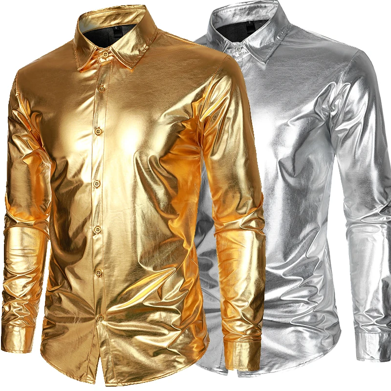 Fashion Long Sleeve Men's Metallic Glossy Shirt Slim NightClub Hip Hop Party Gold Shirt Mens Dress Shirt Costume