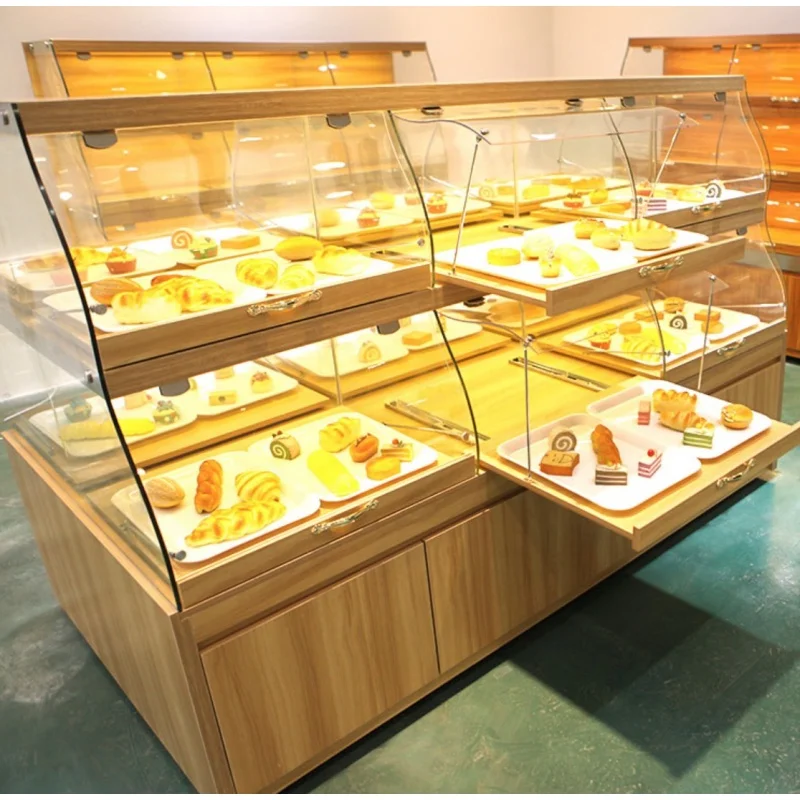 custom.Guangdong Wooden Commercial Showroom Shop Bakery Cake Display Gondola Bread Display Cabinet