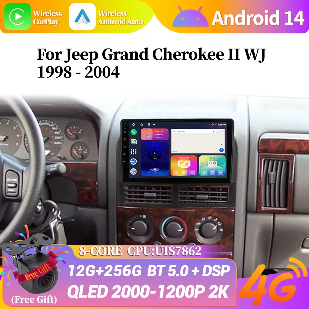 Android 14 For Jeep Grand Cherokee II WJ 1998 - 2004 Monitor Screen Car GPS wifi 4G Video Autoradio Navigation Stereo Radio