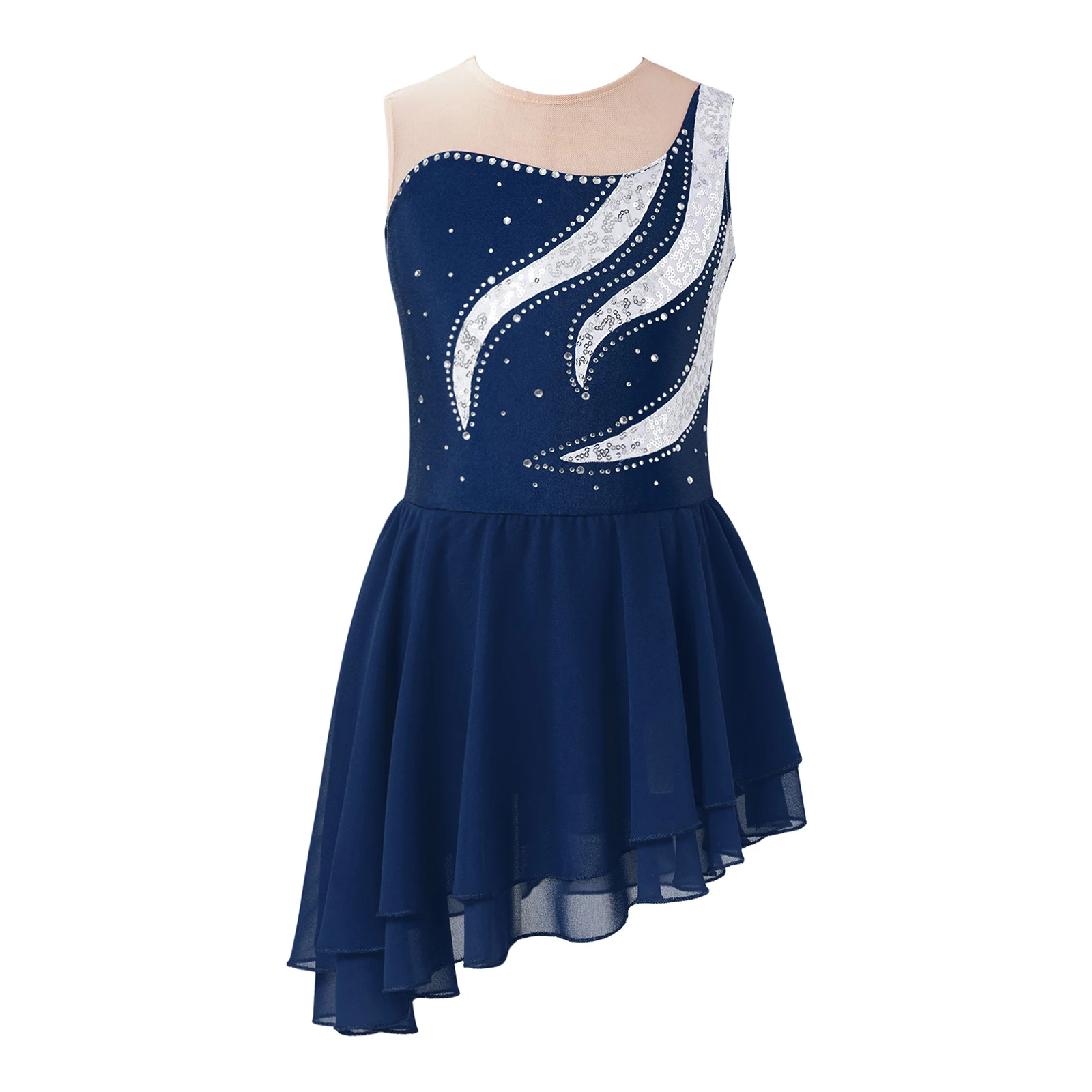 Teen Sleeveless Rhinestone Figure Skating Leotard Dress Lyrical Dance Ballet Gymnastics Acrobatics Stage Performance Dancewear