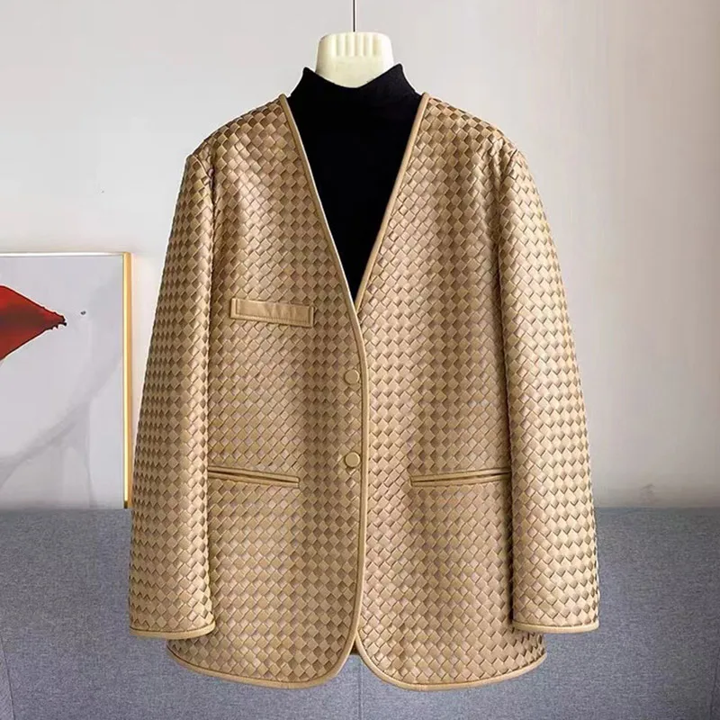 Chaquetas de piel de oveja para mujer, abrigo de punto informal, prendas de vestir tejidas, chaqueta con cuello en V, primavera y otoño