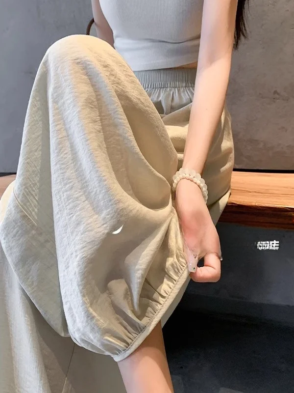 

Женские летние брюки-фонарики из ледяного шелка, повседневные широкие брюки в стиле Харадзюку с высокой талией, укороченные, отпугивающие комаров, в стиле галифе