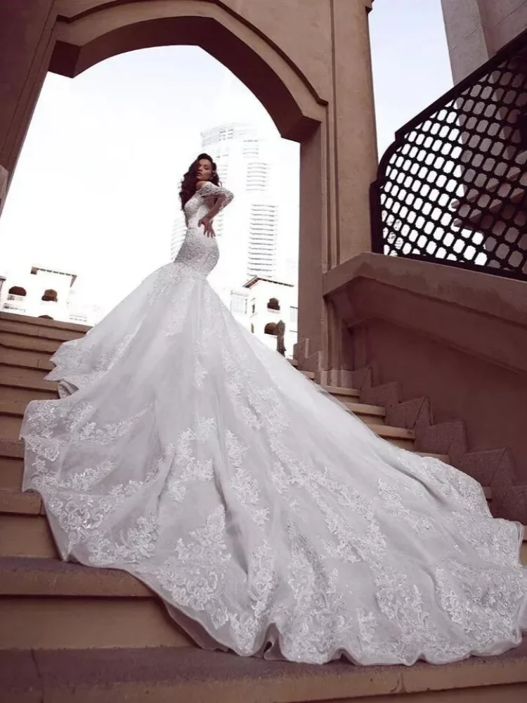 

Customized Sexy White Fishtail Wedding Dress Off The Shoulder Design Long Sleeves Lace And Sequin Decoration With Long Tail