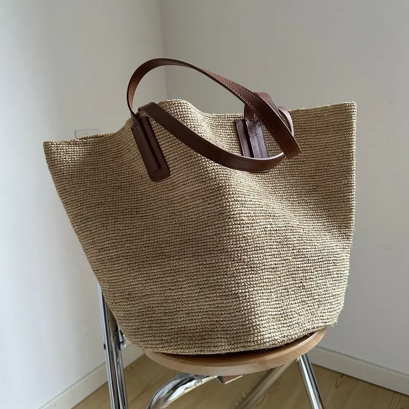 Large Natural Raffia Tote Bag, Handcrafted Crocheted Carryall with Leather Handles,Women's Shoulder Handbags