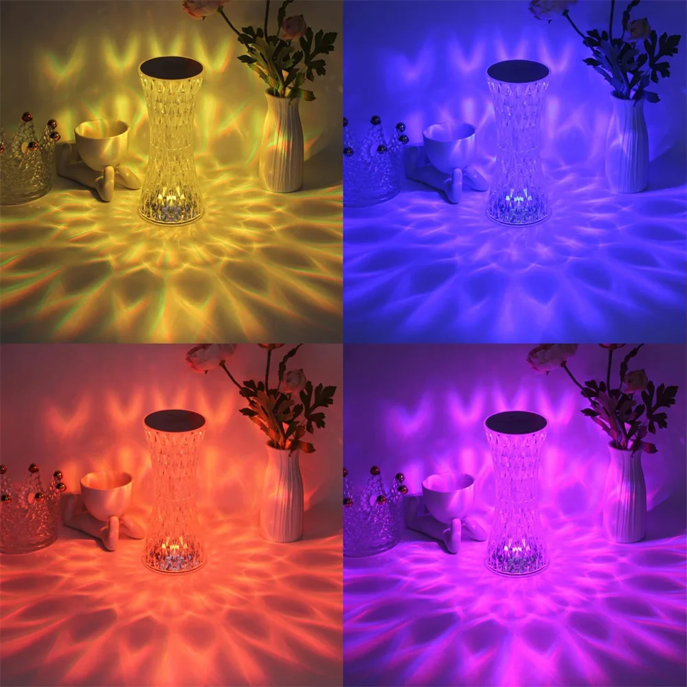 Crystal Table Lamp RGB Night Light Small Waist Projector USB Touch Lamp LED Romantic Diamond Atmosphere Light Room Decoration
