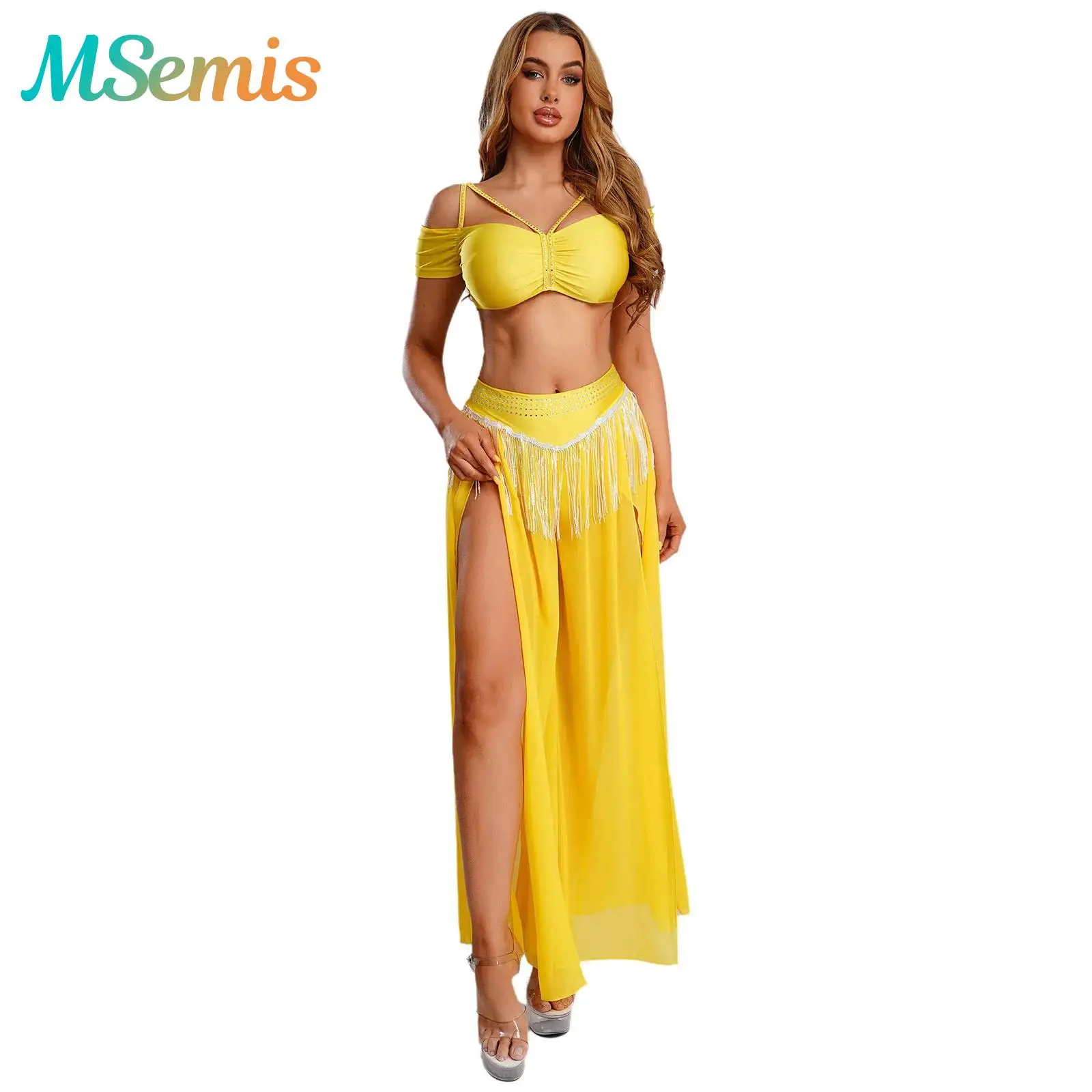 Womens Rhinestone Oriental Belly Dance Outfit Performance Costume Crop Top Waist Sequin Tassel Slit Legs Culottes Wide Leg Pants