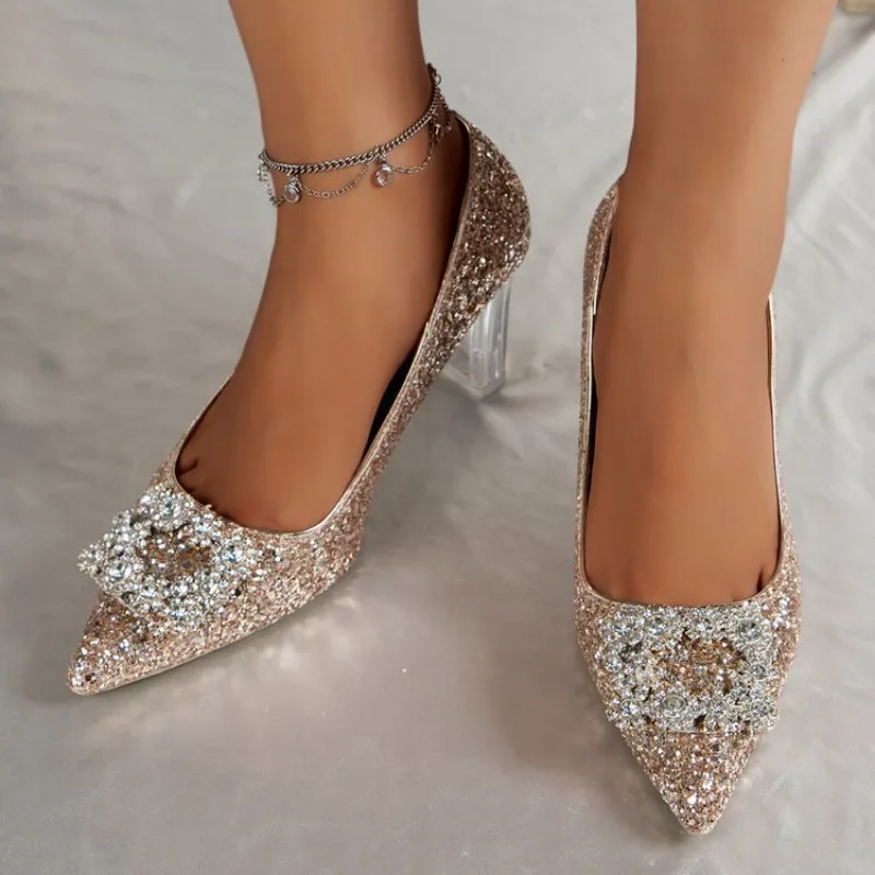

Silver Sequins High Heels Pumps Women 2025 Autumn Crystal Flower Wedding Shoes Woman Plus Size 42 Clear Thick Heeled Party Shoes