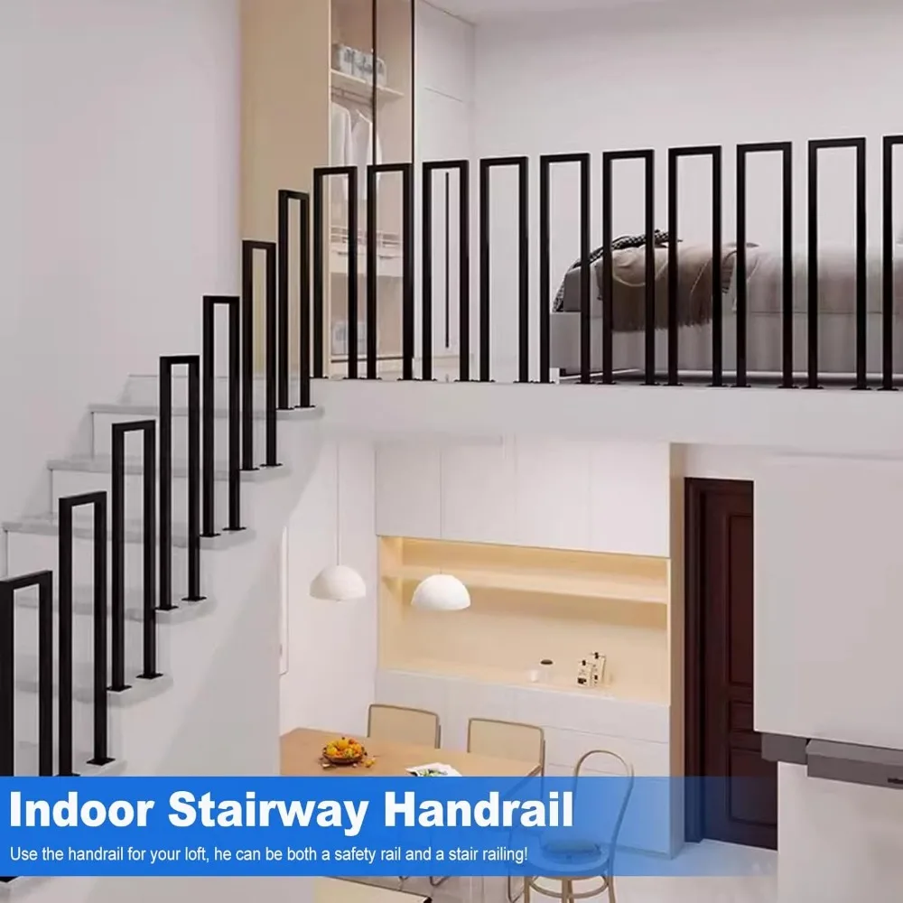 قطعتان من درابزين على شكل حرف U للخطوات، قضبان يدوية سوداء غير لامعة مقاس 7.9 × 35.4 بوصة للسلالم الداخلية والخارجية، درابزين صناعي #5