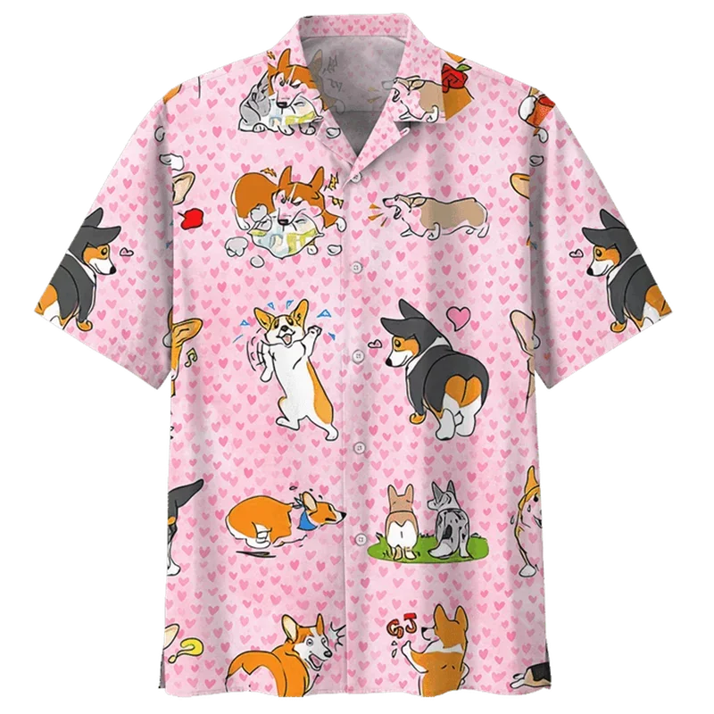 Cartoon Corgi Dog Graphic Hawaiian Shirt for Men Summer 3d Printed Animal Pets Short Sleeves Street Tops Lapel Button Blouse