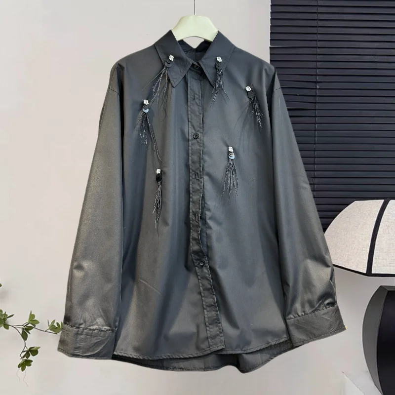 

New niche flower loose shirt for women, solid color, simple long sleeved, spring and autumn shirt