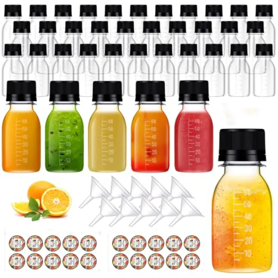 

100 Pcs 2 oz Plastic Juice Shot Bottles with Caps Clear Ginger Shots Bottles with Lids Mini Jar for Liquids with Scale and Labe