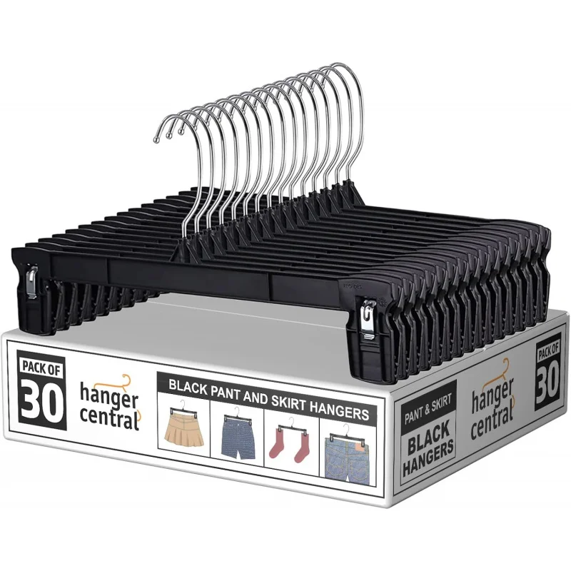 

30 Pack Pants Hangers with Clips 12 Inch Non Slip Skirts Shorts Trousers Hanger Space Saver Swivel Hook Black Closet Organizer