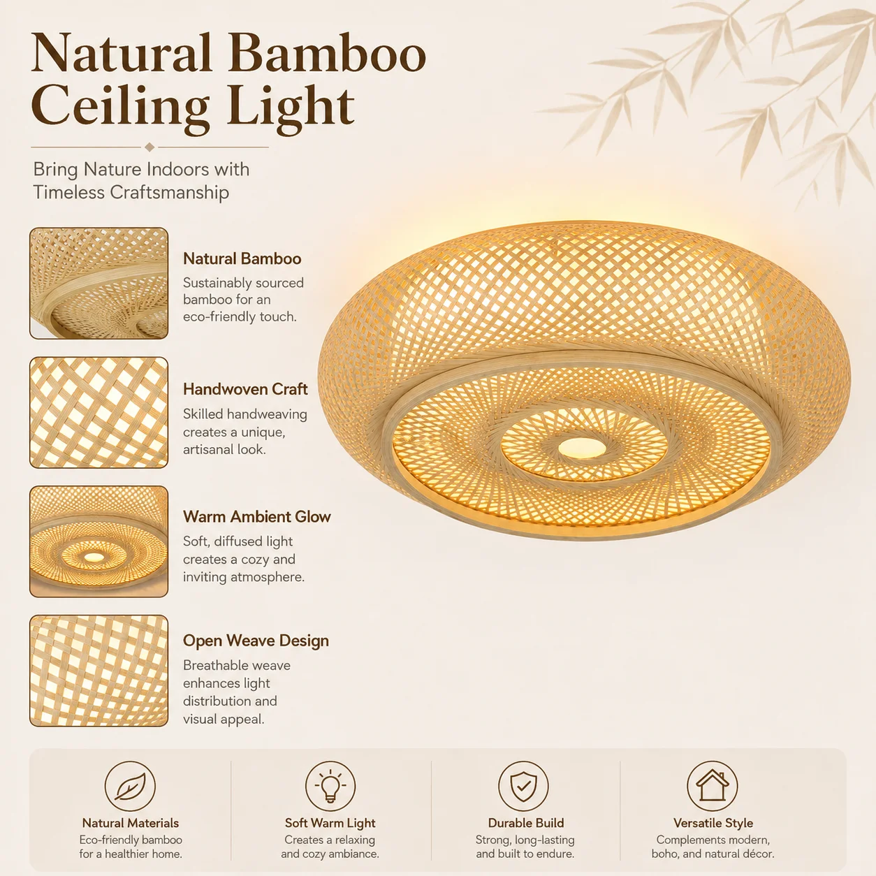 JOYINLED E26 E27 Bambus-Deckenleuchte, 1/2/3er-Pack 50/60cm handgewebte Rattan-Deckenlampe, natürliche Boho-Leuchte für Schlafzimmer, Wohnzimmer, Esszimmer, Küche, Flur, Eingangsbereich und Café