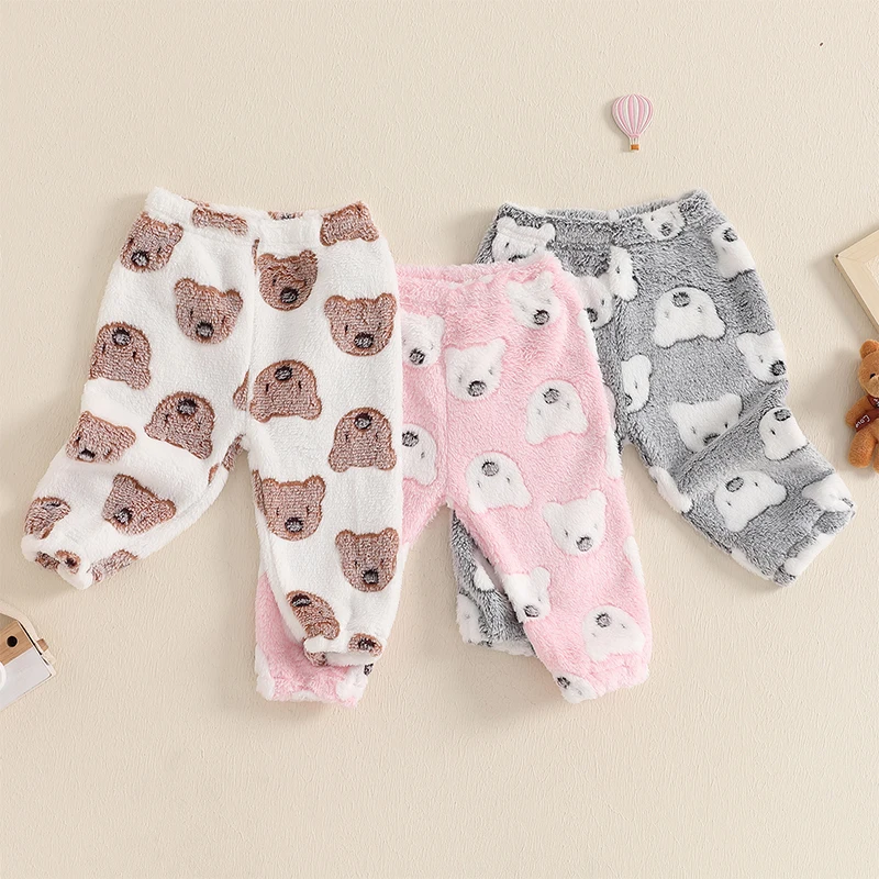 Pantalones de pijama para bebé, cintura elástica, oso de dibujos animados, peludos, cálidos, pantalones de salón de invierno, ropa de dormir