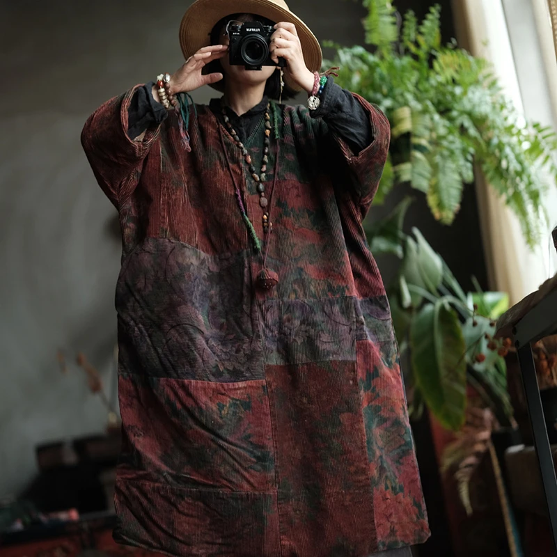 100% Cotton Women Thick Warm Casual Dress New Arrival 2025 Autumn Vintage Style V-neck Print Loose Female Long Dresses M2059