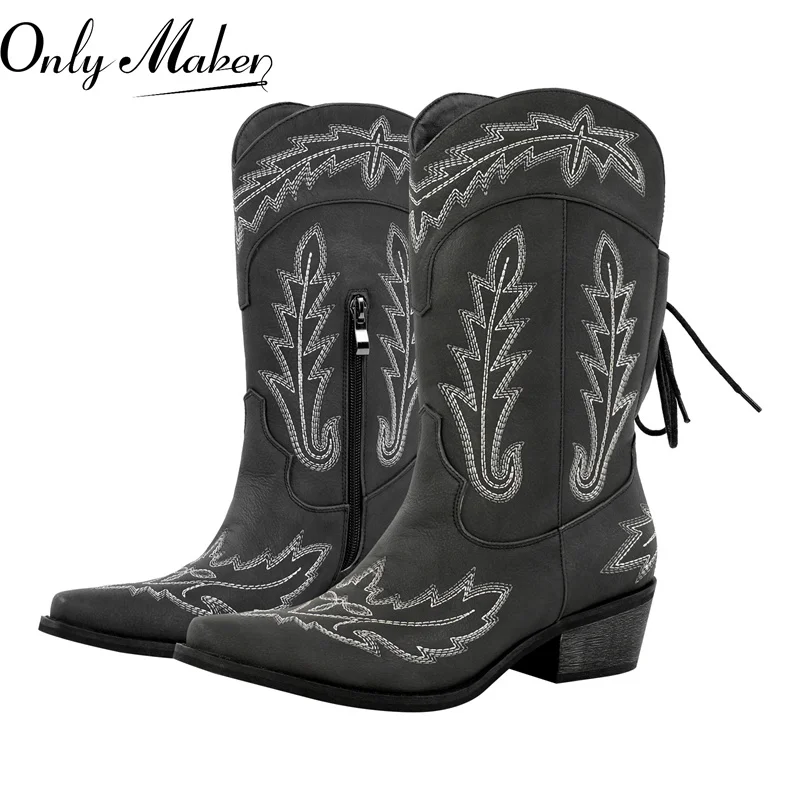 Onlymaker Women Pointed Toe Black Embroidery Western Boots Tapered Heel Round Up  Mid-Calf Western Cowgirl Boots