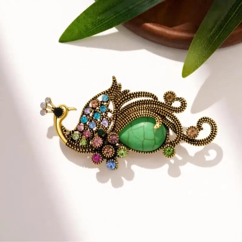 фRetro Animal Rhinestone Peacock Brooch For Women Clothing Coat Jewelry Accessries Gifts