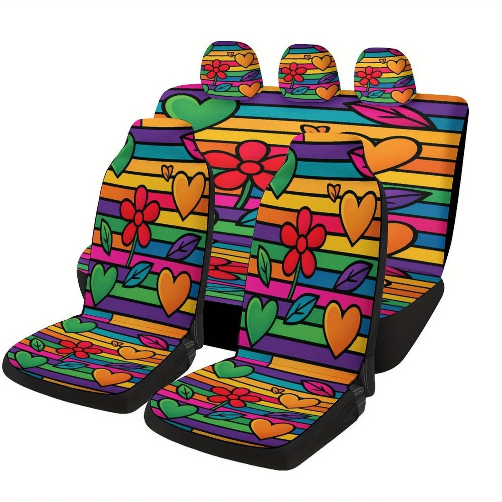 

Colorful Hearts And Flowers Themed Car Seat Cover Set For Most Cars, Fashionable Novelty Car Seat Protector Covers Full Set, Uni