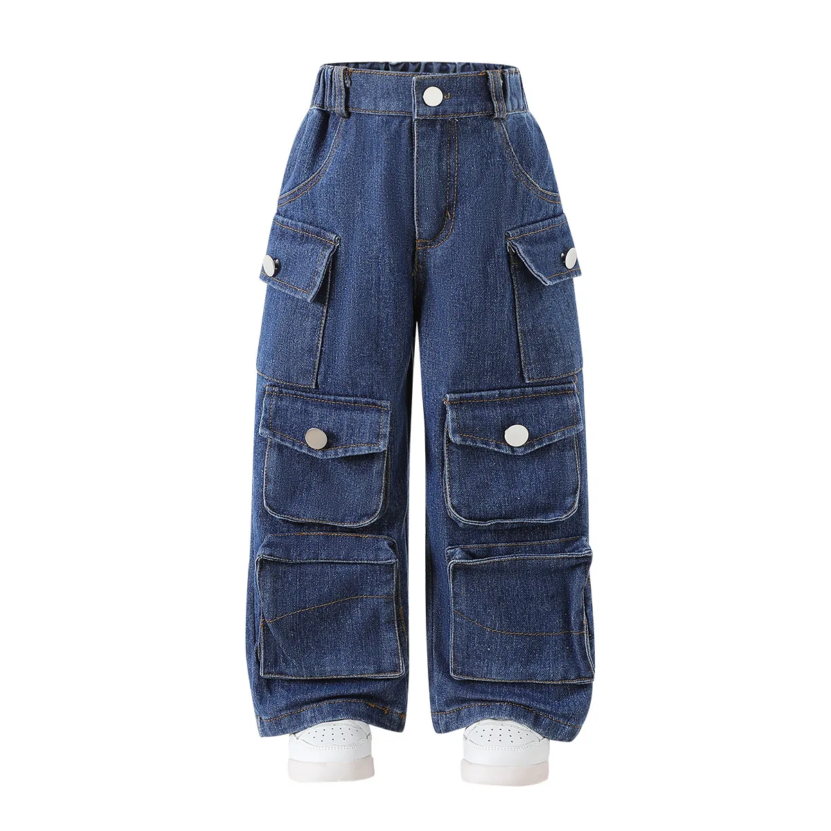 

Girls' Patchwork Denim Trousers Style High-Waisted Workwear Trousers Large Pockets Loose-Fitting Casual Wide-Leg Trousers