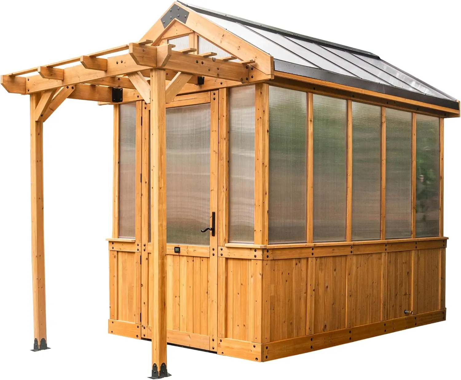 Bellerose 9' x 6' Cedar Wood and Polycarbonate Walk-in Greenhouse Kit with Pergola, Exhaust Fan, Windows, Hose Hook-Ups, PowerPo