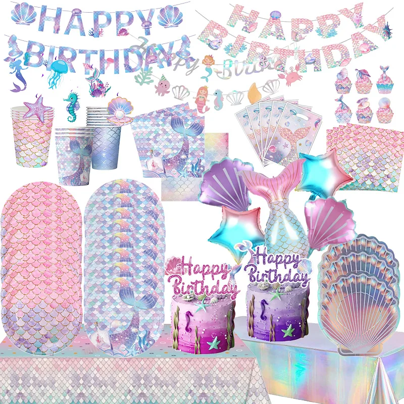 Meerjungfrau-Geburtstagsparty-Dekoration, Einweggeschirr, Teller, Tasse, Serviette, Ballon für Mädchen, Partygeschenke, Geschenk, Baby-Shower-Zubehör