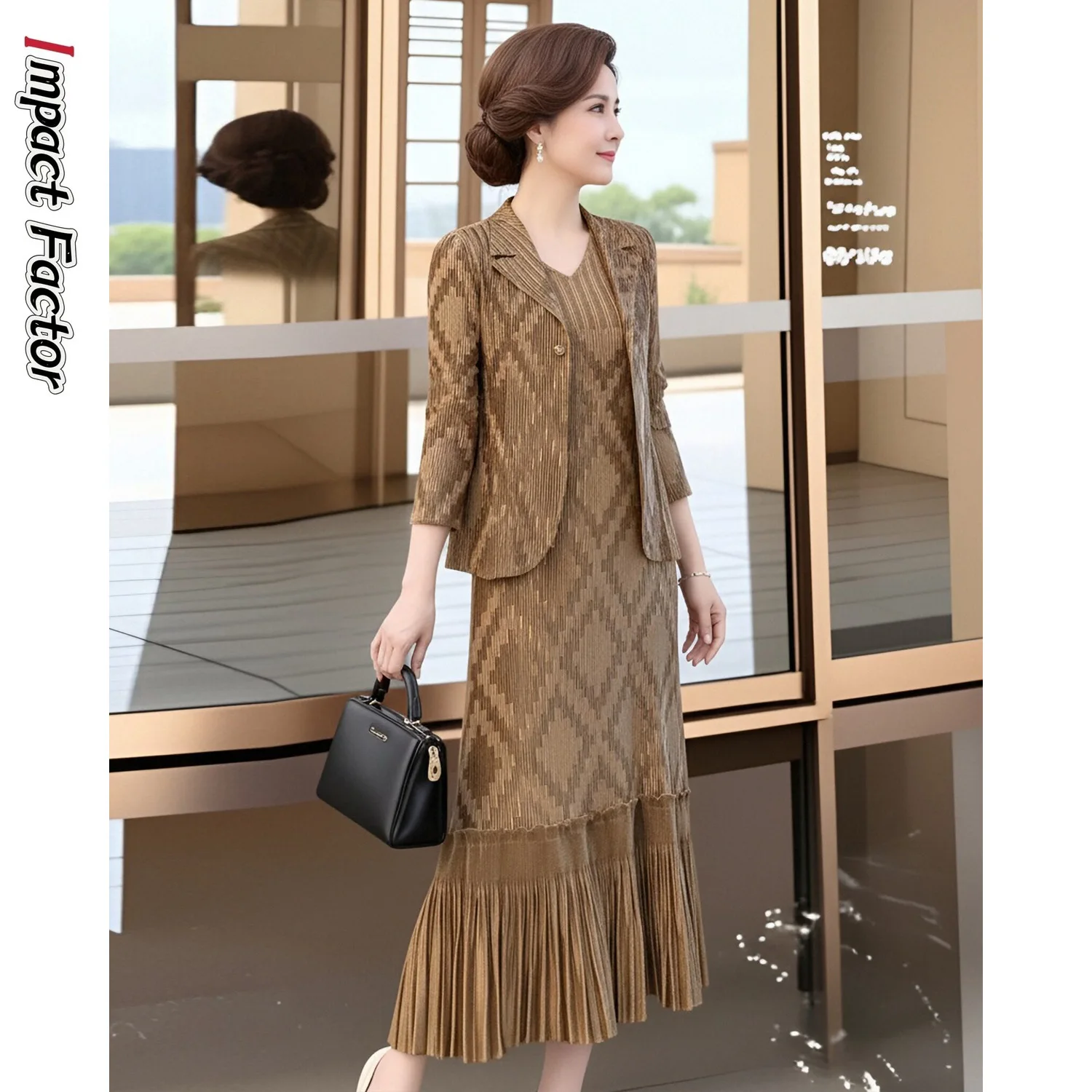 2026 Mom Outfit Khaki High-end Two-piece Suit Skirt Women's Spring Dress New Vest Skirt Miyake Pleated Dress Set