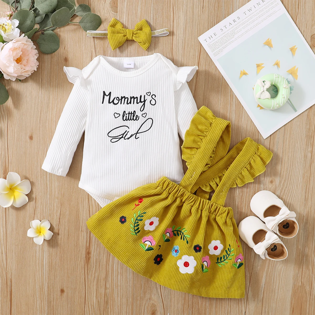 0-18 Months baby Girl long sleeved Bodysuit+Ruffled shoulder strap skirt+bow tie 3pc baby girl Spring and Autumn  Fashio Set