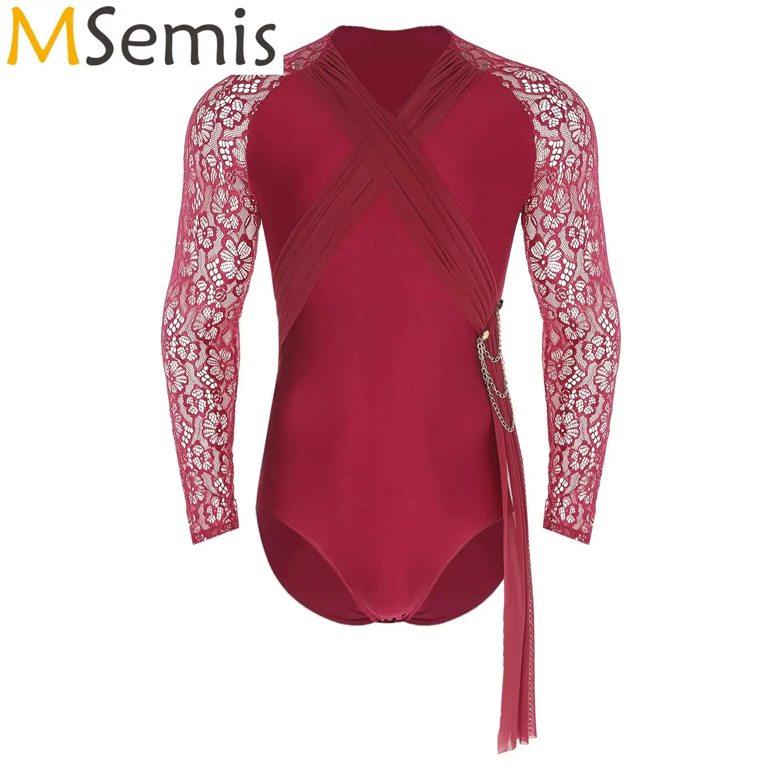Medias de Ballet y gimnasia para hombre, traje de baile latino, camisa, traje de encaje Floral transparente, mono de leotardo con borlas y cadena de malla fruncida