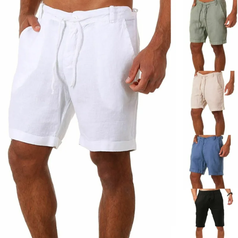 Short de sport à lacets en coton et lin pour homme, couleur unie, décontracté, taille haute, grande taille, nouvelle collection été