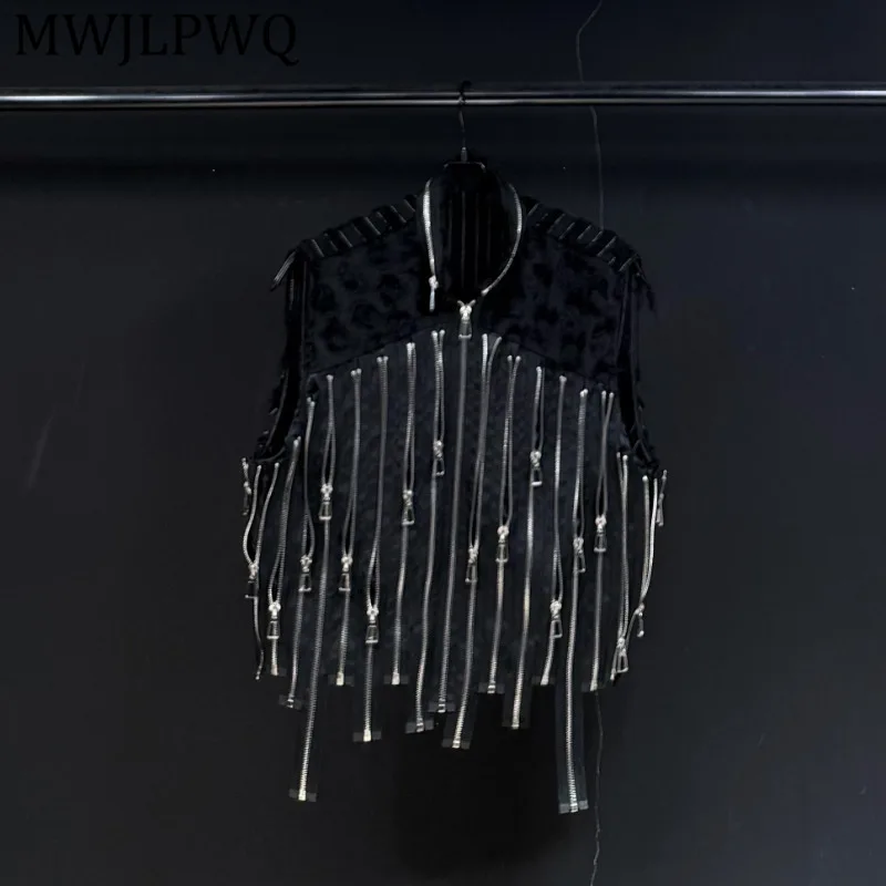 

Мужской жилет MWJLPWQ в уличном стиле с молнией и бахромой, элегантный, свободный крой, черный, с тщательной отделкой, повседневный топ 13044