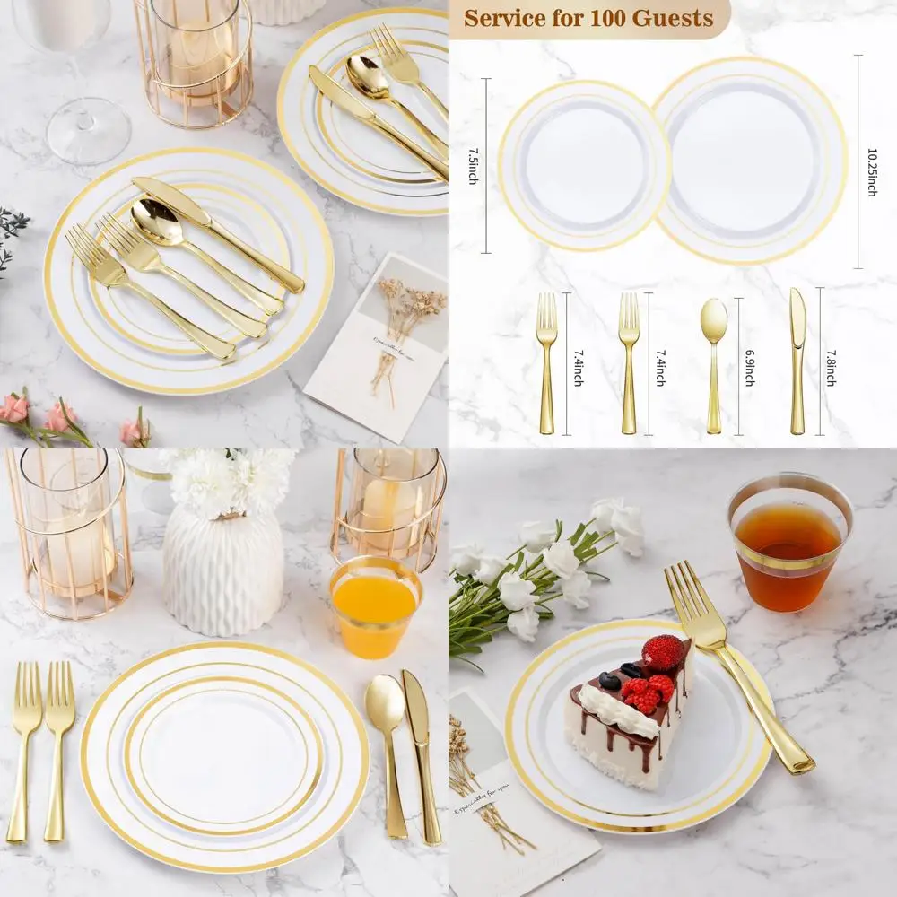 

Набор золотых пластиковых тарелок для 100 гостей — 600 шт. одноразовой посуды для вечеринок, свадеб и мероприятий на день рождения