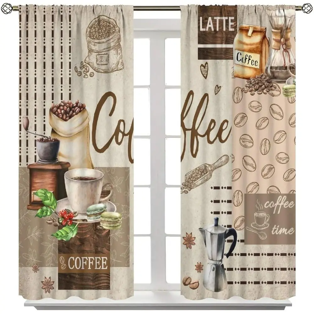 Rustic Brown Coffee-Themed Kitchen Curtains for Leisurely Dining & Living Spaces, 84x84 inches
