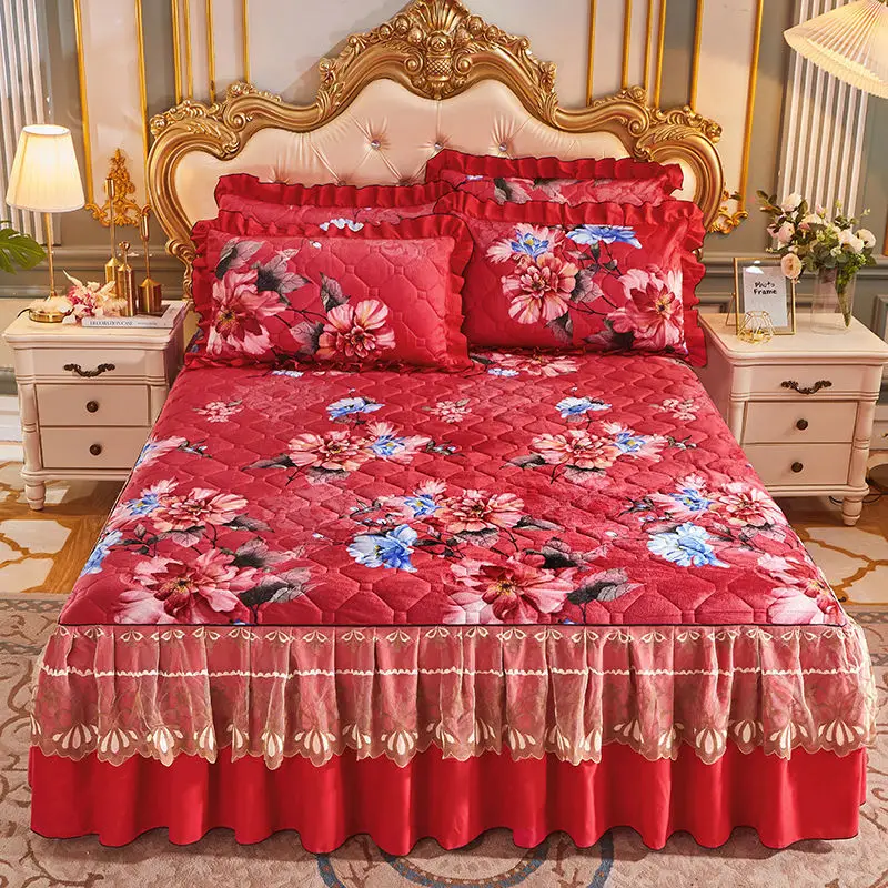 

Thickened velvet padded bed skirt Single piece lace bedspread Winter warm crystal velvet bed skirt Non-slip