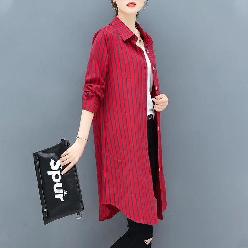 Casual Korean Midi Striped Print Shirt for Female Turn-down Collar Single-breasted Fashion Long Sleeve Blouse Women\'s Clothing