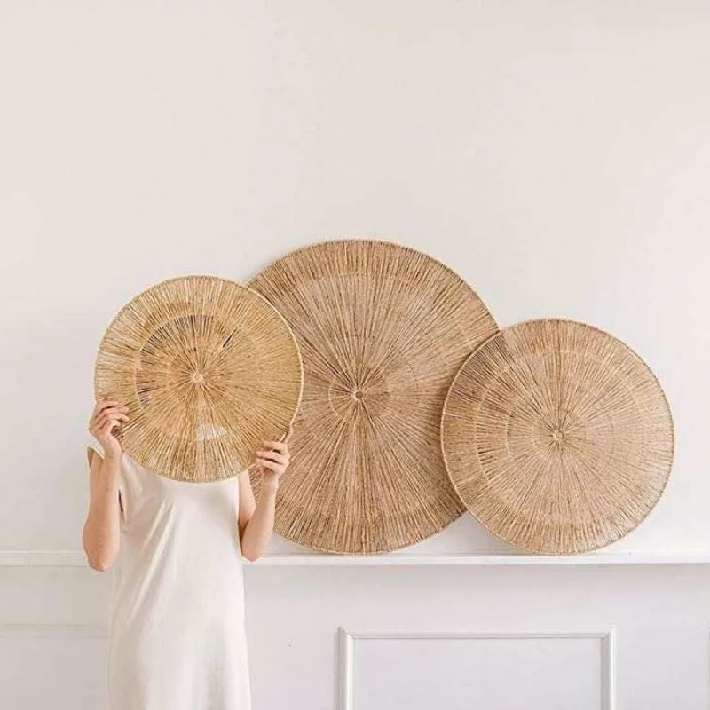 Handmade Round Rattan Woven Wall Decor Grass Reed Hanging Ornament Living Room Boho Home Wall Art Wedding Party Wall Decoration