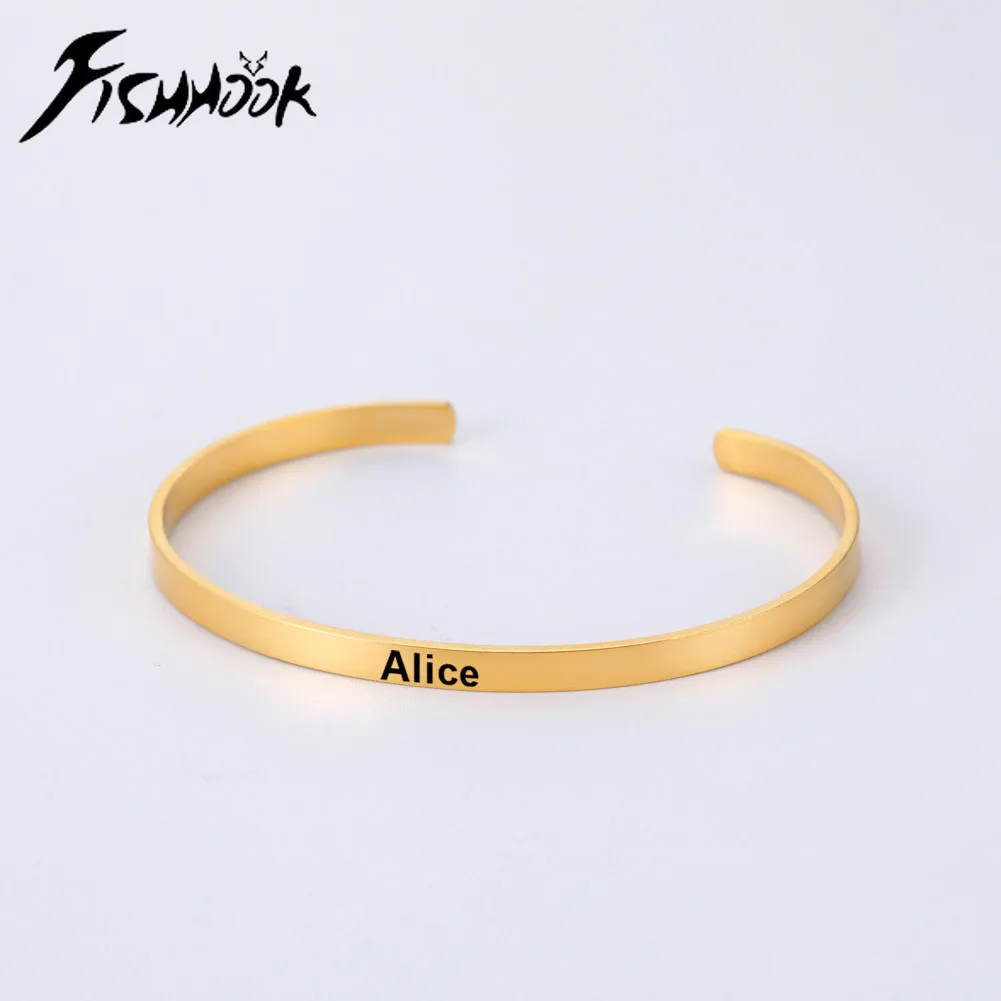 Fishhook Name Bangle Personalized Bracelet Custom Gift for Men Woman Cuff Family Gold Color Stainless Steel Accessories Jewelry