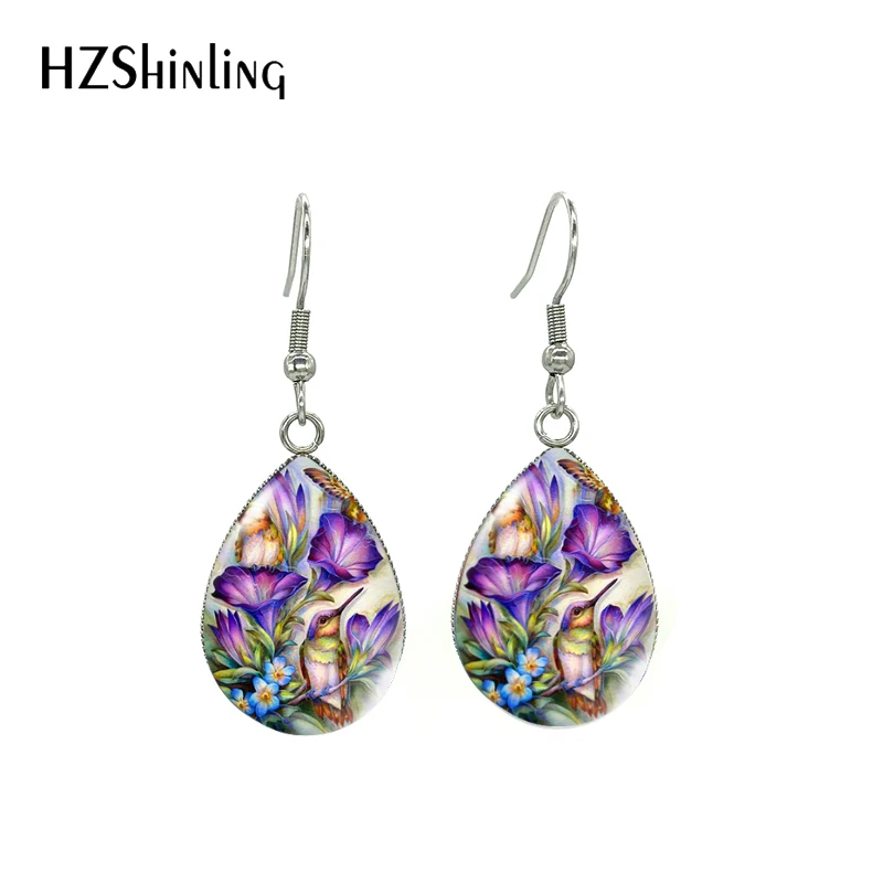 New Flowers Poppies Tulip Rose Lily Sunflower Oil Paintings Handmade Tear Drop Fish Hook Earrings