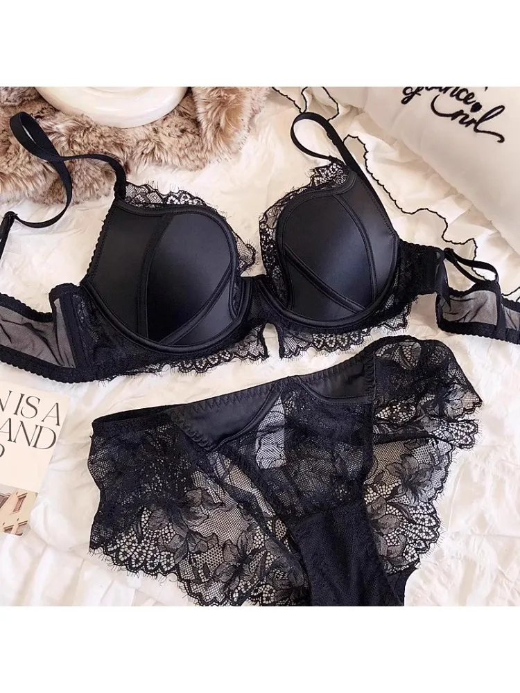 YUQI francuska satynowa koronka seksowna stalowa obręcz cienka bielizna zestaw zebrane małe piersi biustonosz górna część biustonosza zapobiegająca zwiotczeniu biustonosza