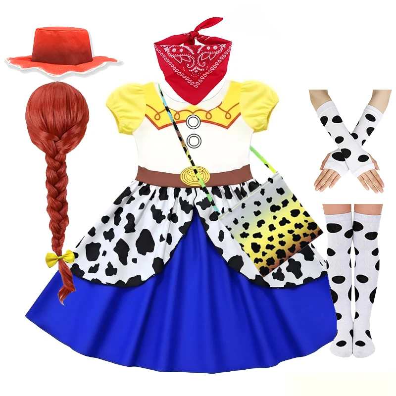 Kids Western Cowgirl Costume Girls Cartoon Print Short Sleeve Dress Halloween Cosplay Birthday Party Dress Outfit