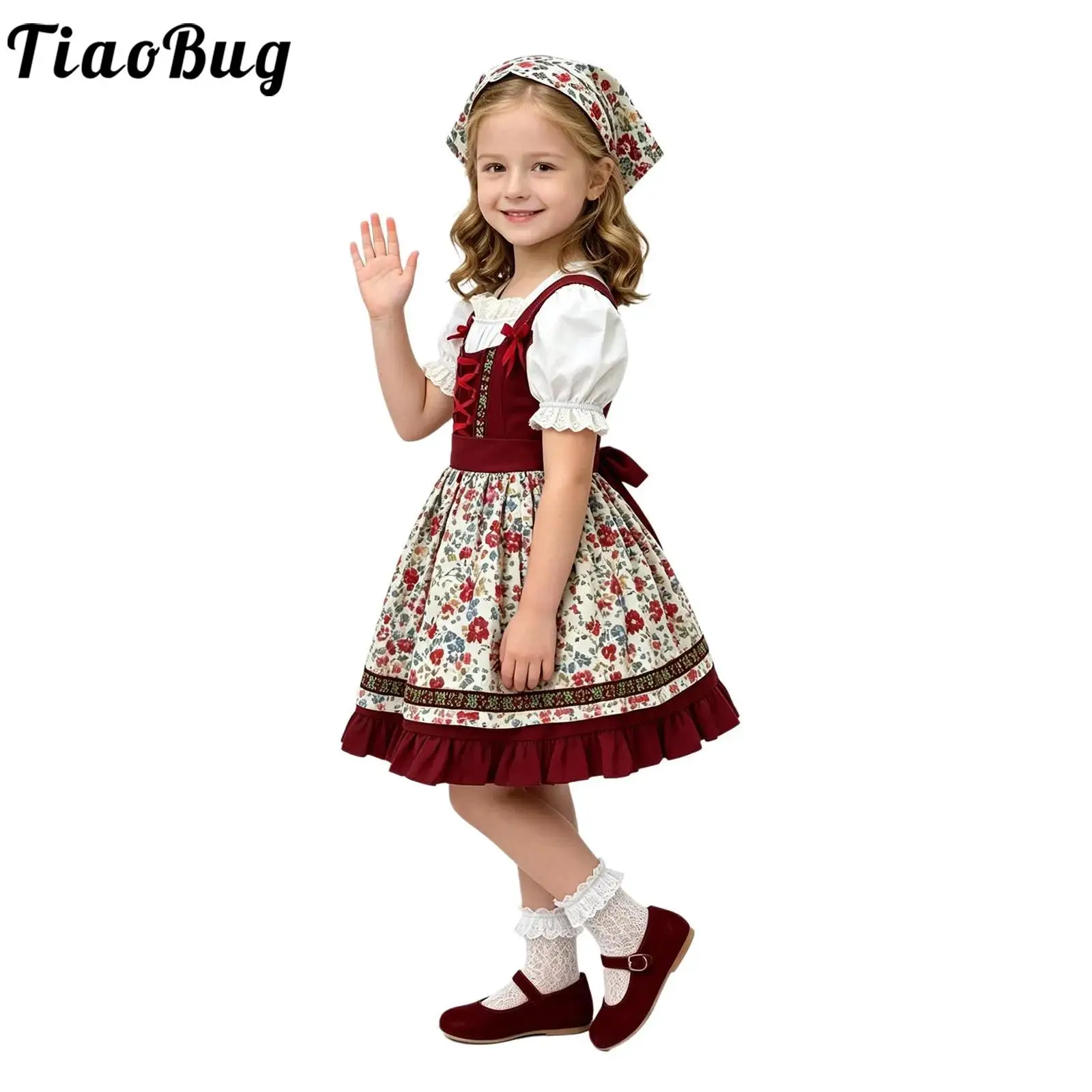 伝統的なバイエルンのオクトーバーフェスト衣装女の子パフスリーブ-a-ラインメイドドレスと花柄エプロンハロウィンビール祭りコスプレ