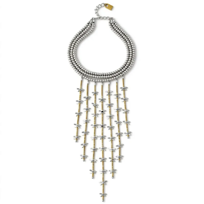 Two Tone Gold Silver Tassel Necklace for Women, Multi Layer Bead Collar Fringe Statement Choker, 40+6cm with Extender, High Quality Alloy, Hypoallergenic, Polished Mirror Finish, Vintage Boho Jewelry, Trendy Layering Necklace, Nice Gift, Easy to Match