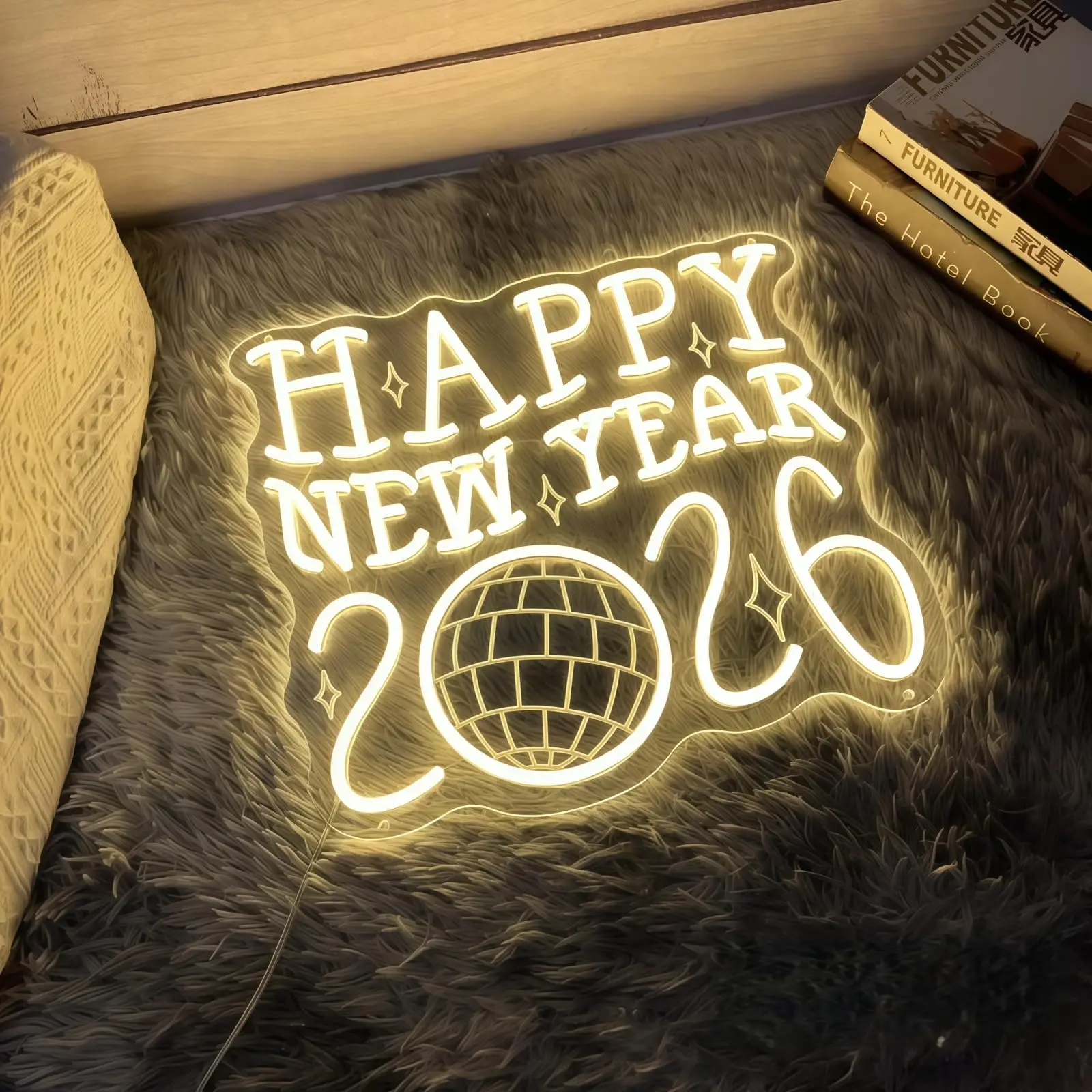Happy New Year 2026 Neon Sign with Dimmable Disco Ball LED Light Up for Wall Decor Retro New Year Christmas Party Home Gift