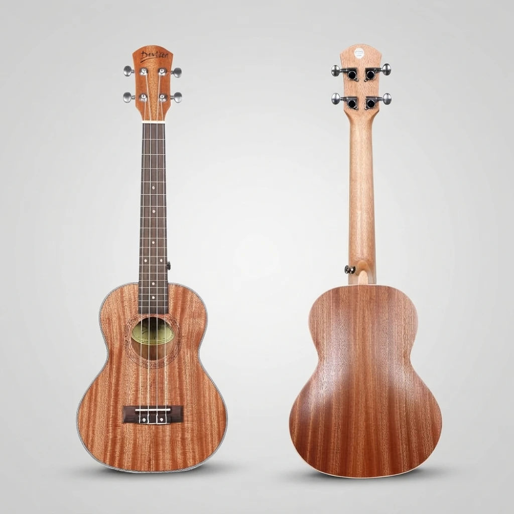 Unified Brown Gloss Soprano Ukulele, Black Closed Tuners, 4 Strings, Multi Layer Binding, Decorative Rosette for Beginners