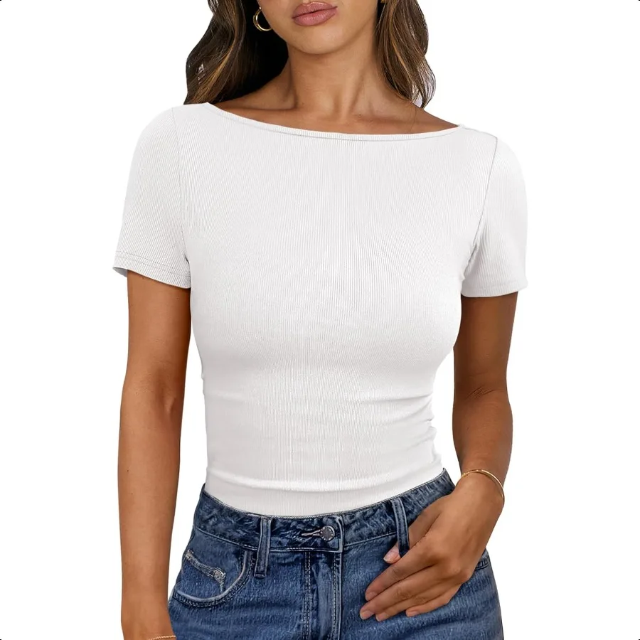 

ANRAB Women Boat Neck Tops Short Sleeve TShirts Ribbed Knit Tight Fitted Basic Tees Shirts 2025 Summer Clothes