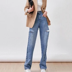 FJBaggy-Jean Déchiré Taille Haute pour Femme, Pantalon Cargo en Denim Décontracté, Droit et Chaud, Style Boyfriend