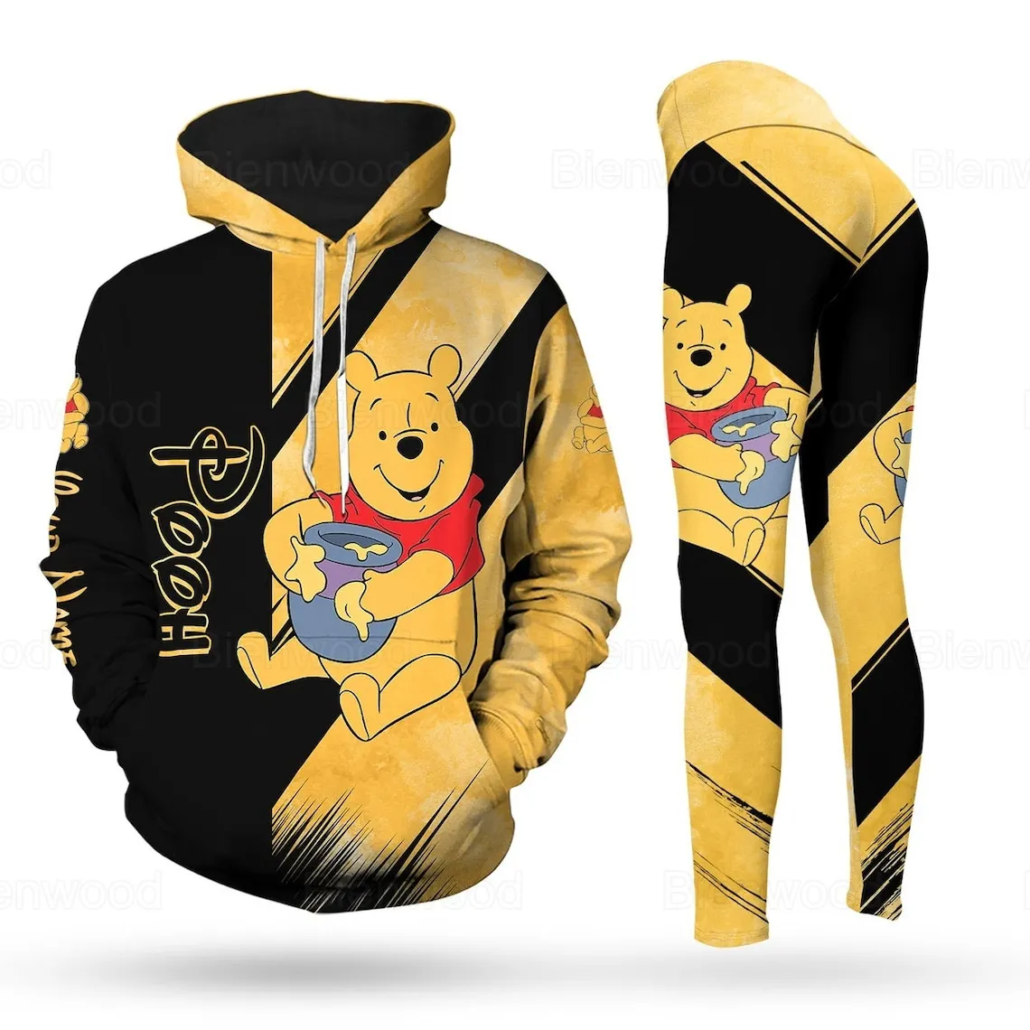 Personalizado winnie the pooh 3d moletom com capuz feminino calças de yoga conjunto disney yoga leggings moletom com capuz moda esportes terno