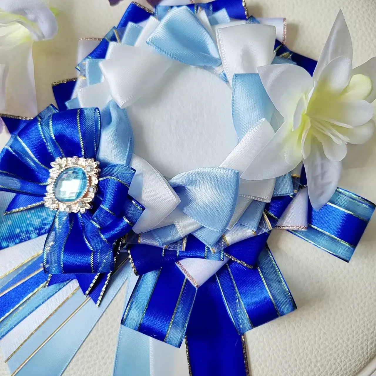 

2026 luxury hand made long streamers bow blue lace ribbon Badge Rosette quadratic element Anime cosplay Ita bag Accessories