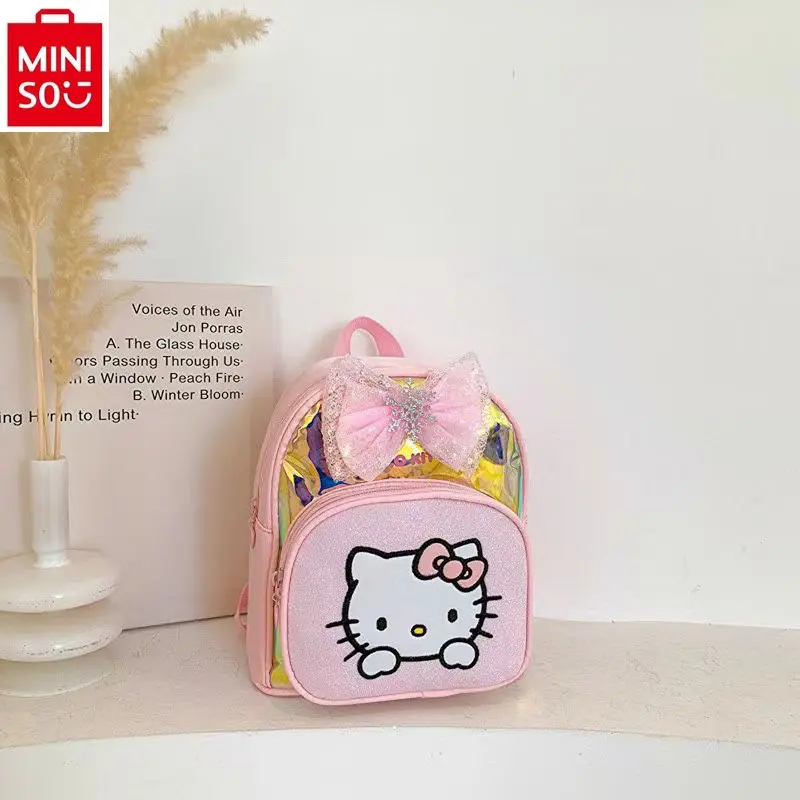 MINISO Sanrio mochila para niños, Linda mochila para estudiantes con lazo, niña de dibujos animados Kuromi Hello Kitty