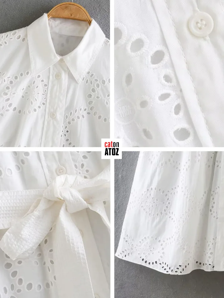 2024 New Summer White Cotton Embroidery Midi Long Shirt Dress With Eyelets Women Holiday Dress With Belt Female Clothing 3067